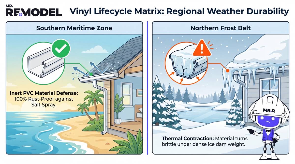 A regional durability infographic showing how vinyl gutters excel in rust-prone coastal climates but require careful maintenance in heavy freezing zones.